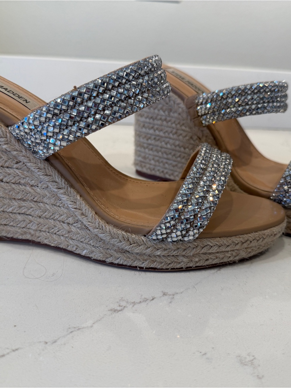 Steve Madden Tan Espadrille Wedges with Silver Crystal Straps - Picture 2 of 5